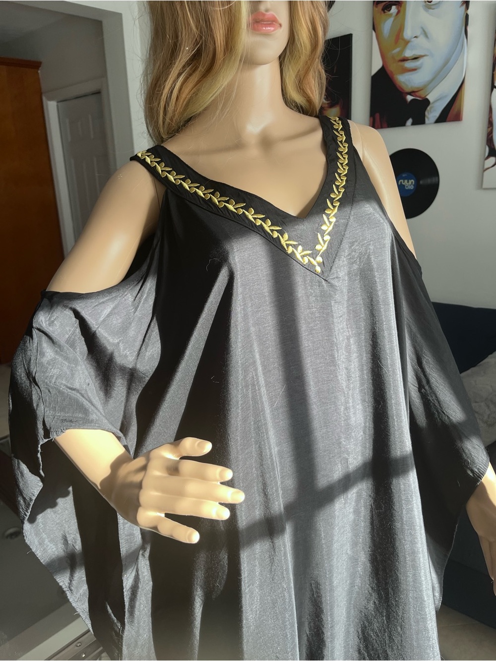 Black Cold-Shoulder V-Neck Top with Gold Trim kaftan one size